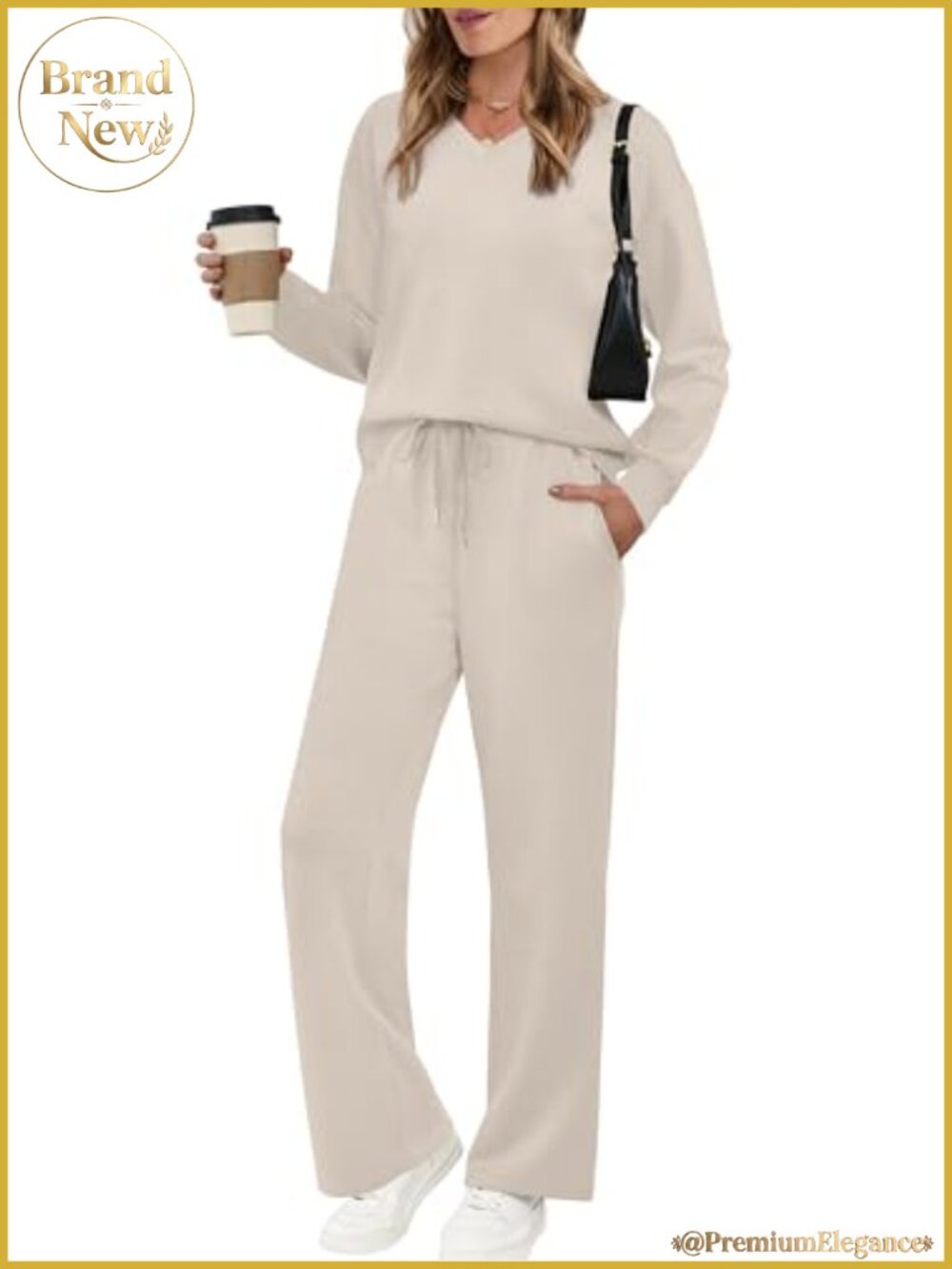 WIHOLL Women's 2 Piece Lounge Set V Neck Wide Leg Pants Sweatsuit